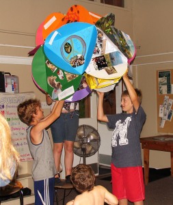 Jasper (Victoria) and Isaac (Vancouver) raising our Earth Charter Globe. The  International Earth Charter is our global context.
